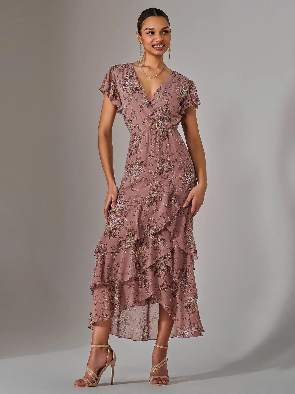 Printed Wrap Ruffle Maxi Dress, Dusty Pink