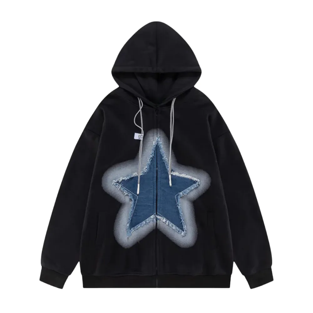 "Retro Star Patchwork Denim" Hoodie