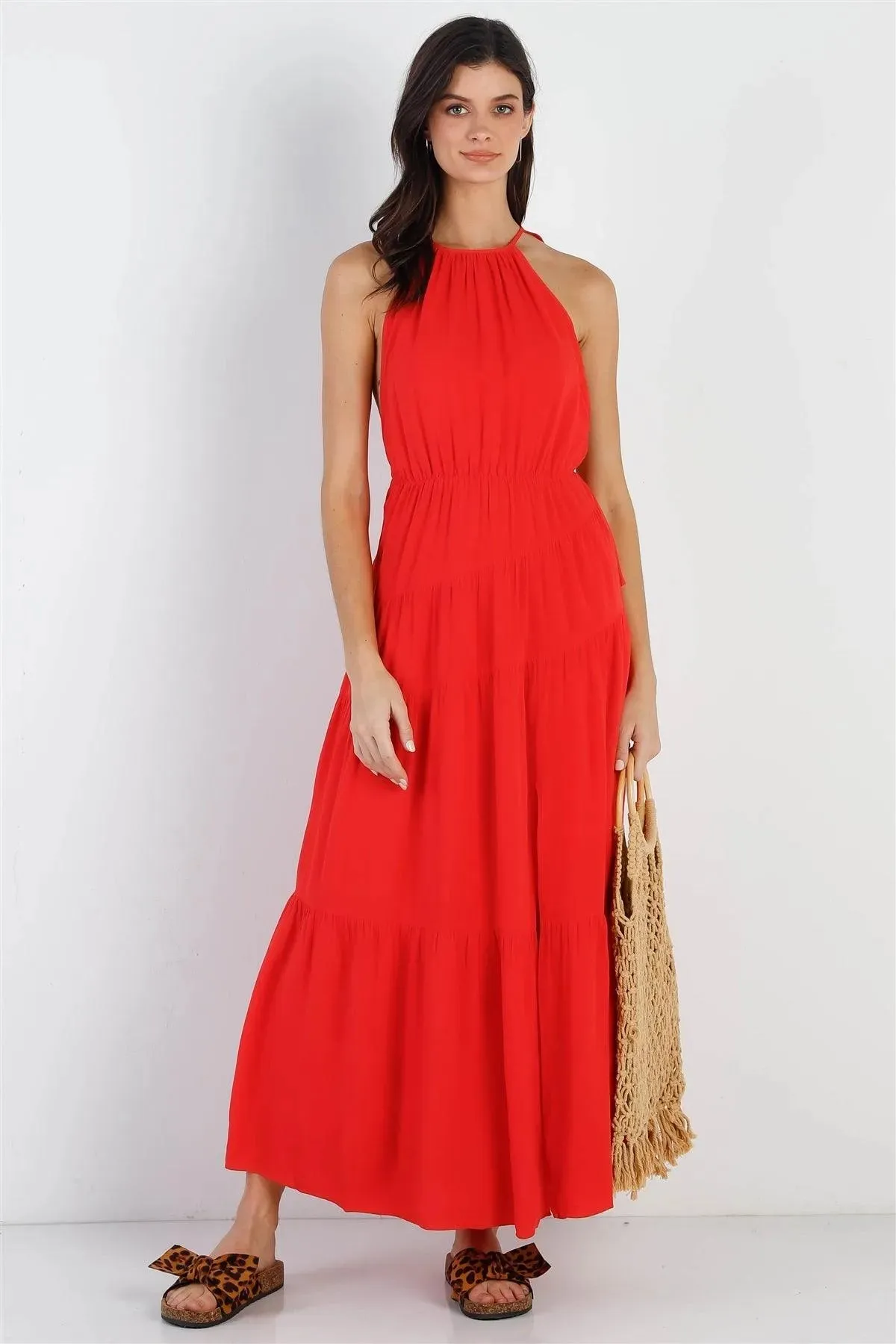 Red Linen Ruffle Criss Cross Back Side Slit Maxi Dress /2-2-2