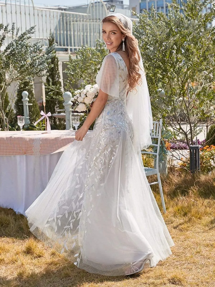 Romantic Shimmery V Neck Ruffle Sleeves Maxi Long Wedding Dresses