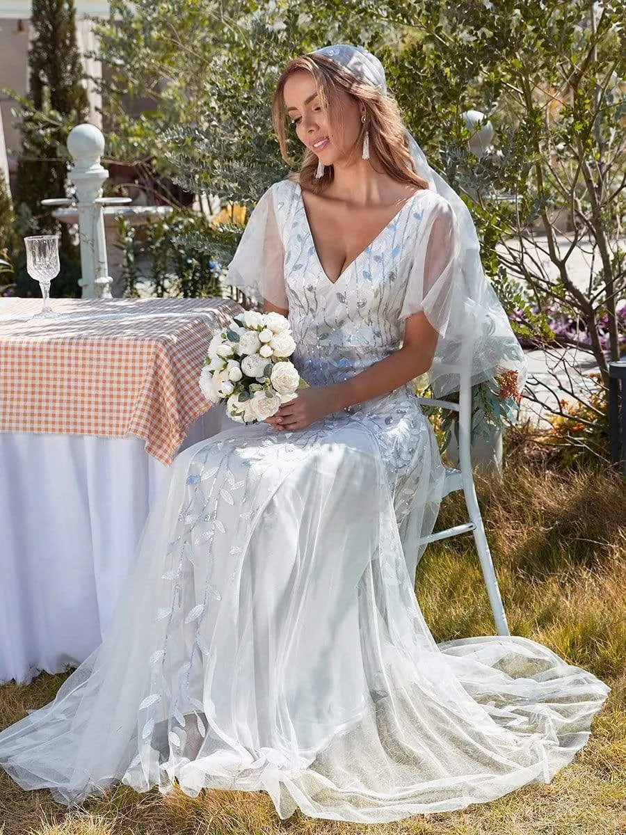 Romantic Shimmery V Neck Ruffle Sleeves Maxi Long Wedding Dresses