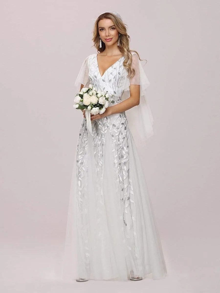 Romantic Shimmery V Neck Ruffle Sleeves Maxi Long Wedding Dresses