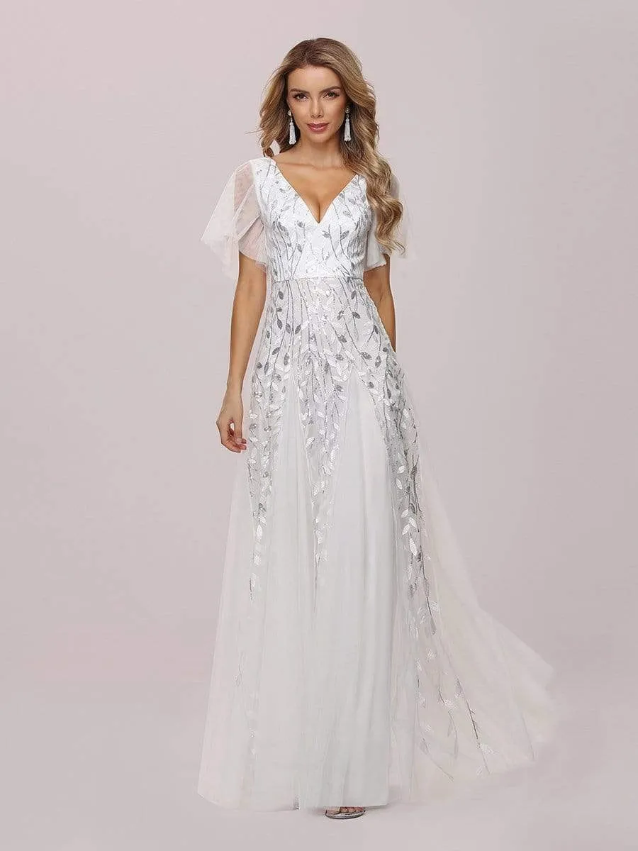 Romantic Shimmery V Neck Ruffle Sleeves Maxi Long Wedding Dresses