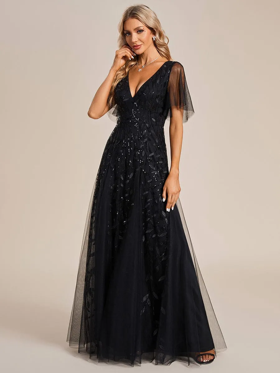 Romantic Shimmery V Neck Ruffle Sleeves Maxi Long Wedding Dresses