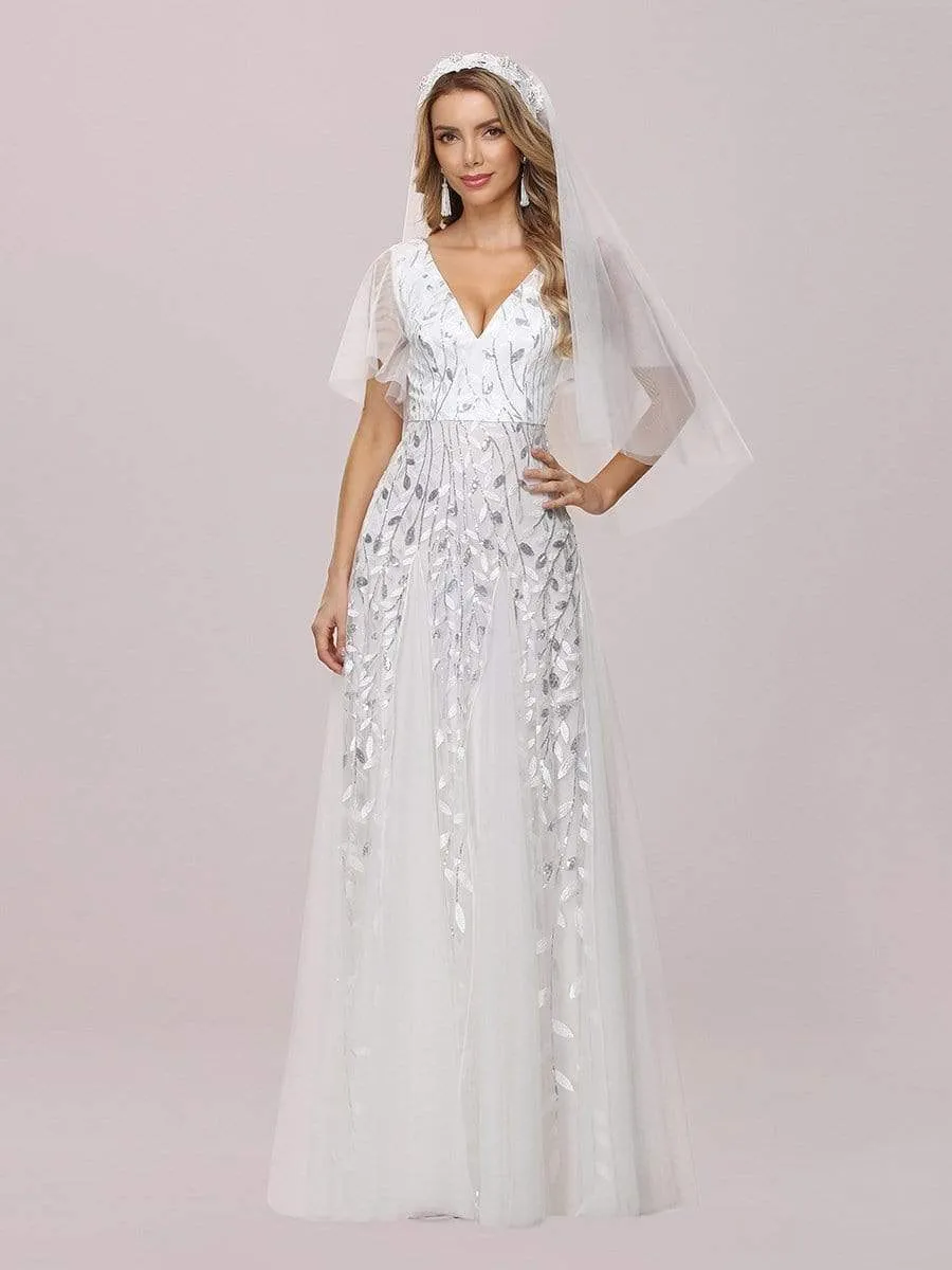 Romantic Shimmery V Neck Ruffle Sleeves Maxi Long Wedding Dresses