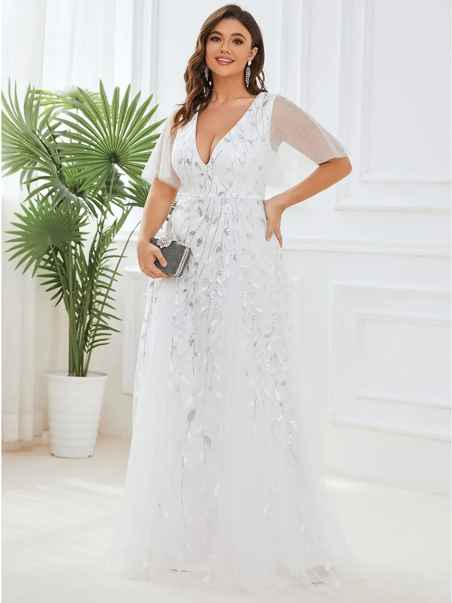 Romantic Shimmery V Neck Ruffle Sleeves Maxi Long Wedding Dresses