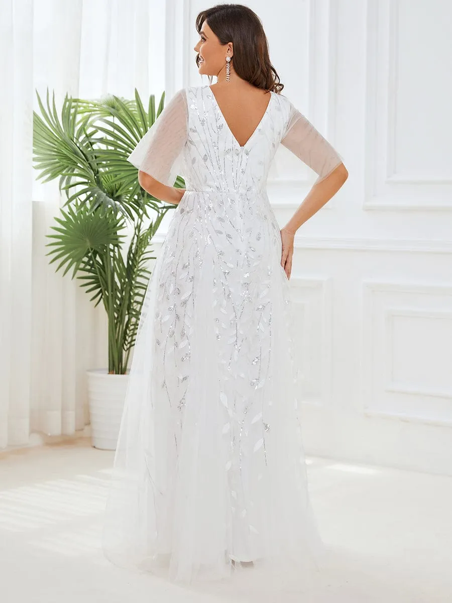 Romantic Shimmery V Neck Ruffle Sleeves Maxi Long Wedding Dresses