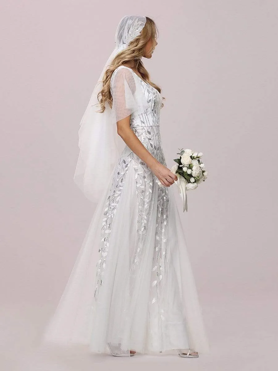 Romantic Shimmery V Neck Ruffle Sleeves Maxi Long Wedding Dresses