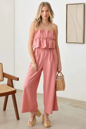 Ruffle Strapless Wide Leg Smocked Back Jumpsuit