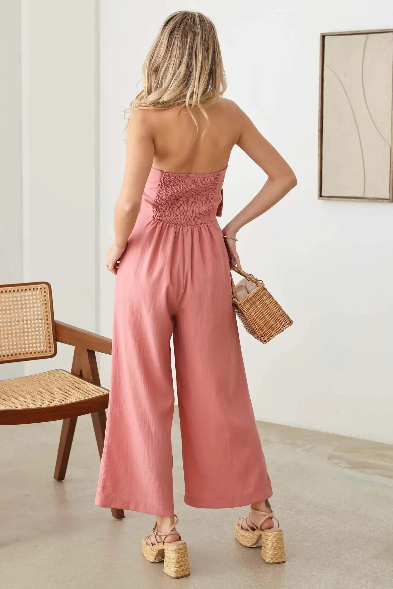 Ruffle Strapless Wide Leg Smocked Back Jumpsuit