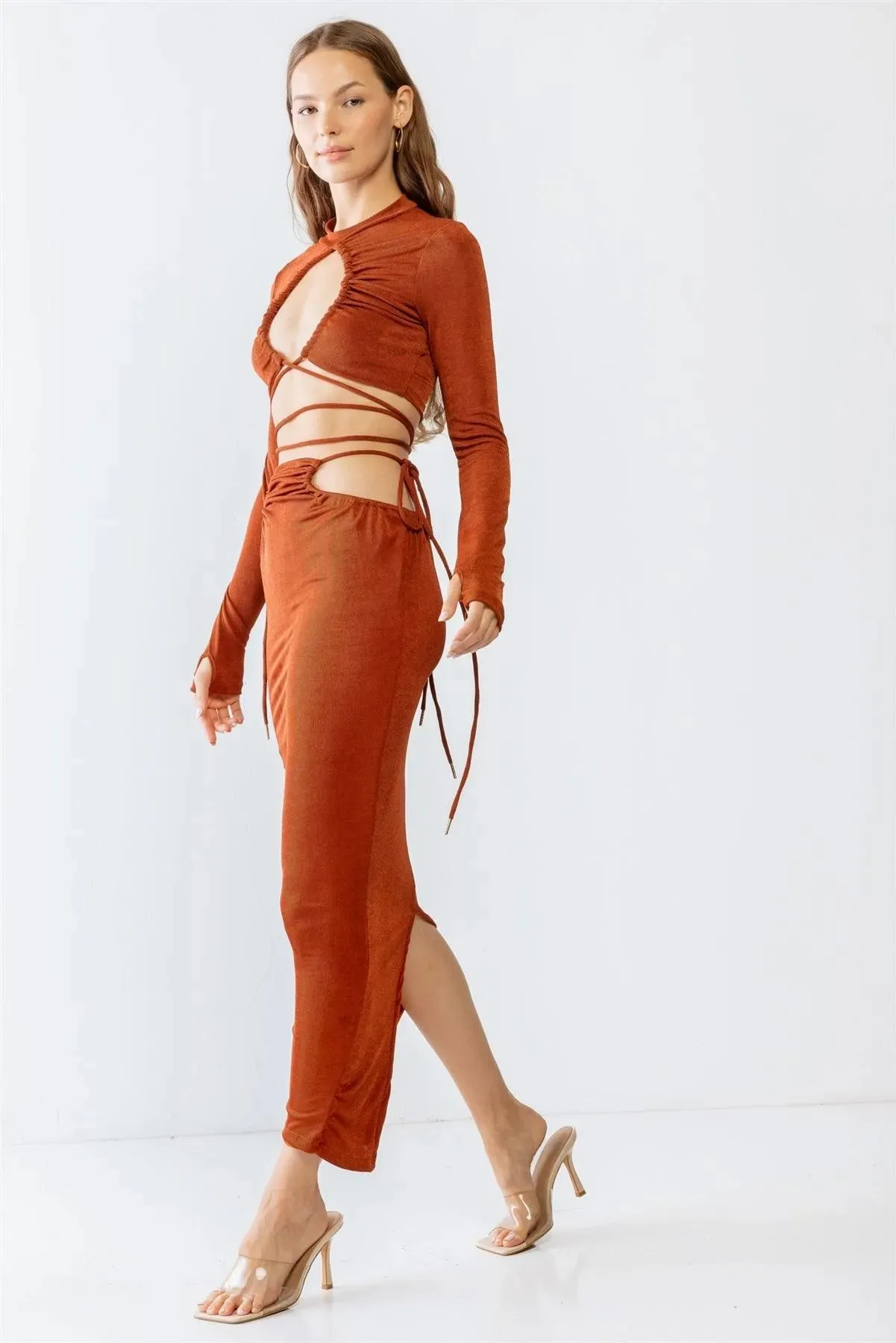 Rust Self-Tie Maxi Skirt & Long Sleeve Cut-Out Crop Top Set /4-2