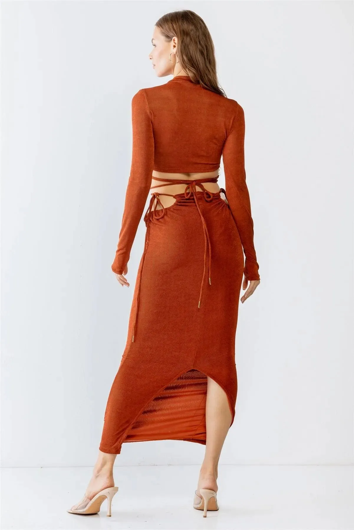 Rust Self-Tie Maxi Skirt & Long Sleeve Cut-Out Crop Top Set /4-2