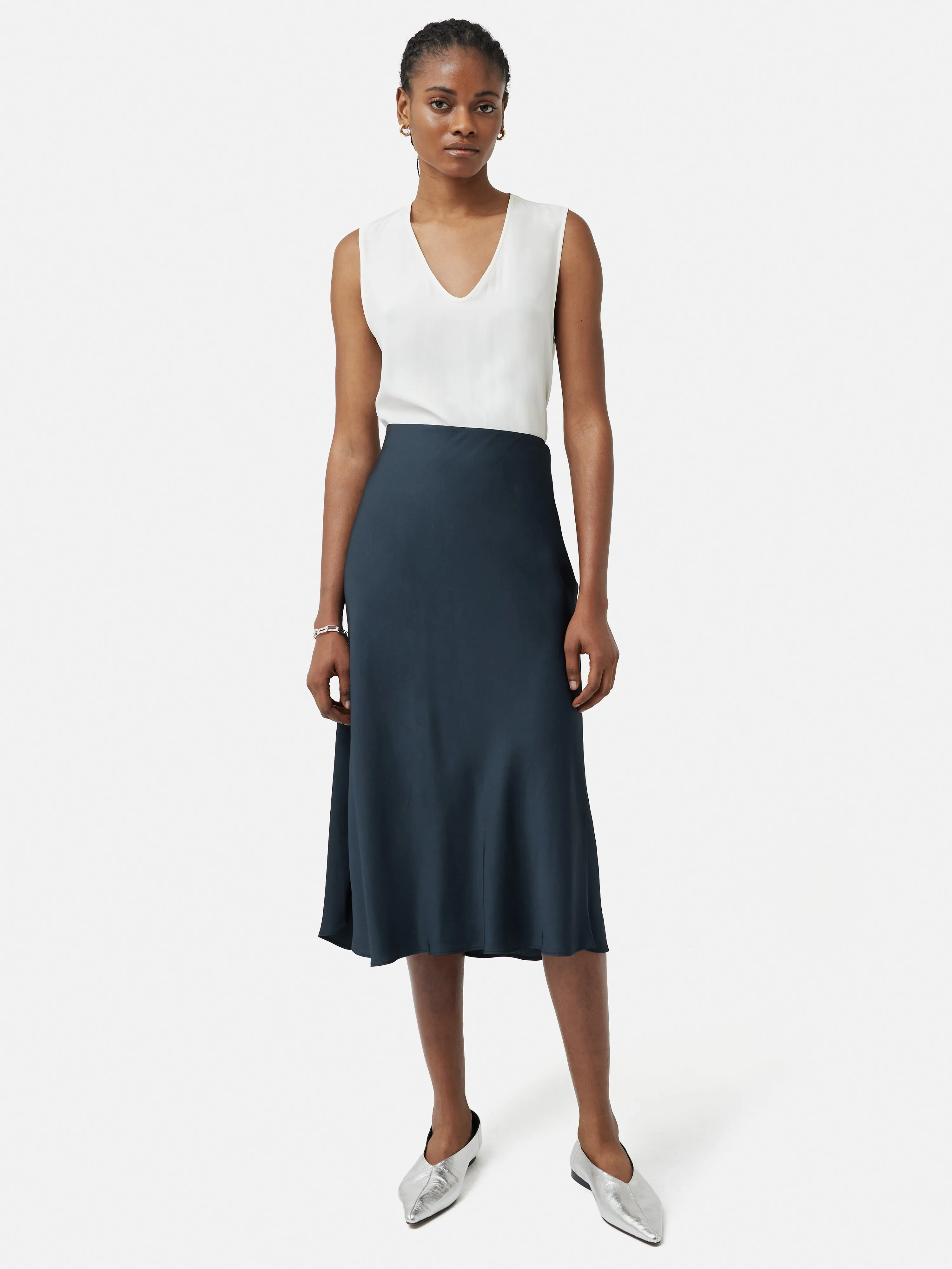 Satin Bias Midi Slip Skirt | Navy