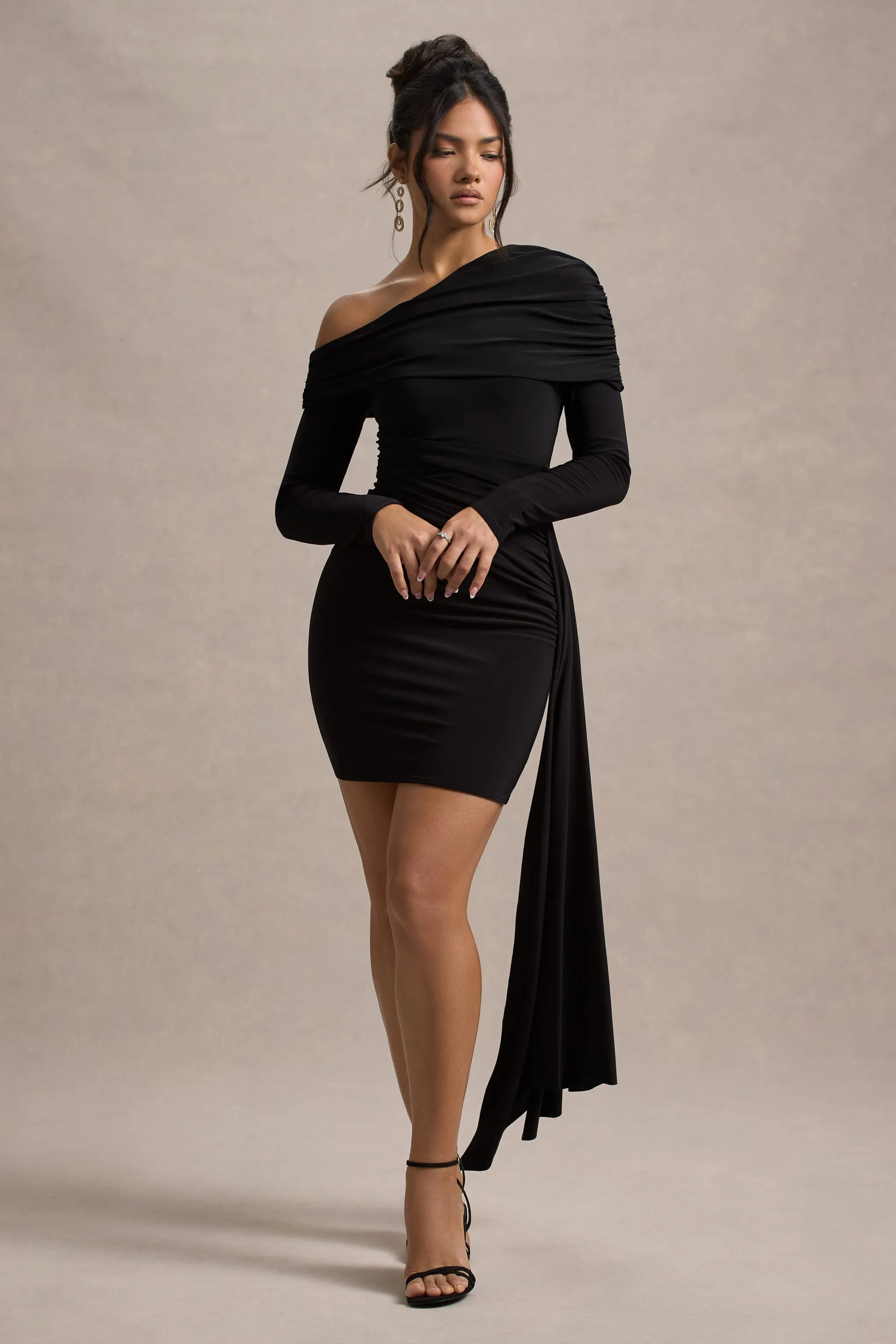 Savita | Black Ruched Asymmetric Mini Dress With Drape