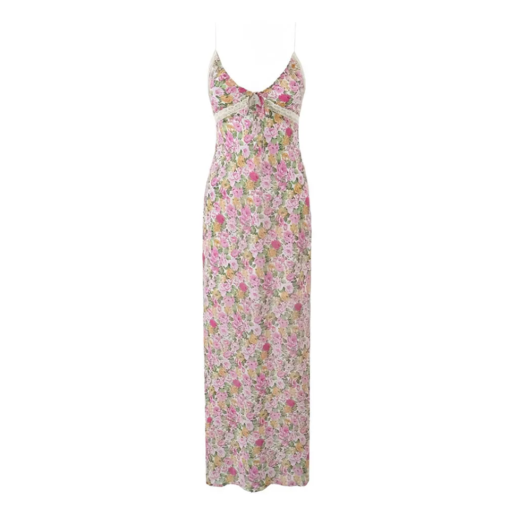 Sexy Floral Print Spaghetti Strap Bow Tie Lace Trim Smock Maxi Sundress