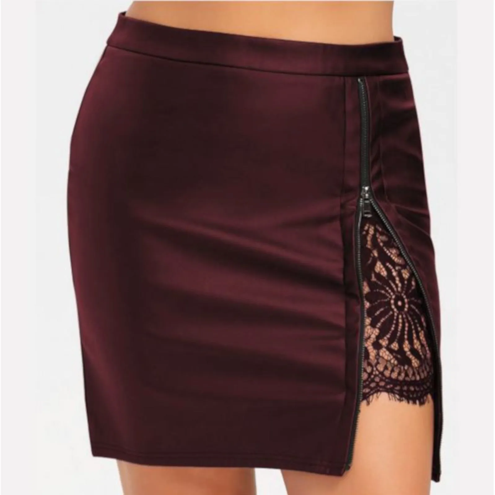 Sexy Red Lace Elastic Waistline Zip Mini Skirt