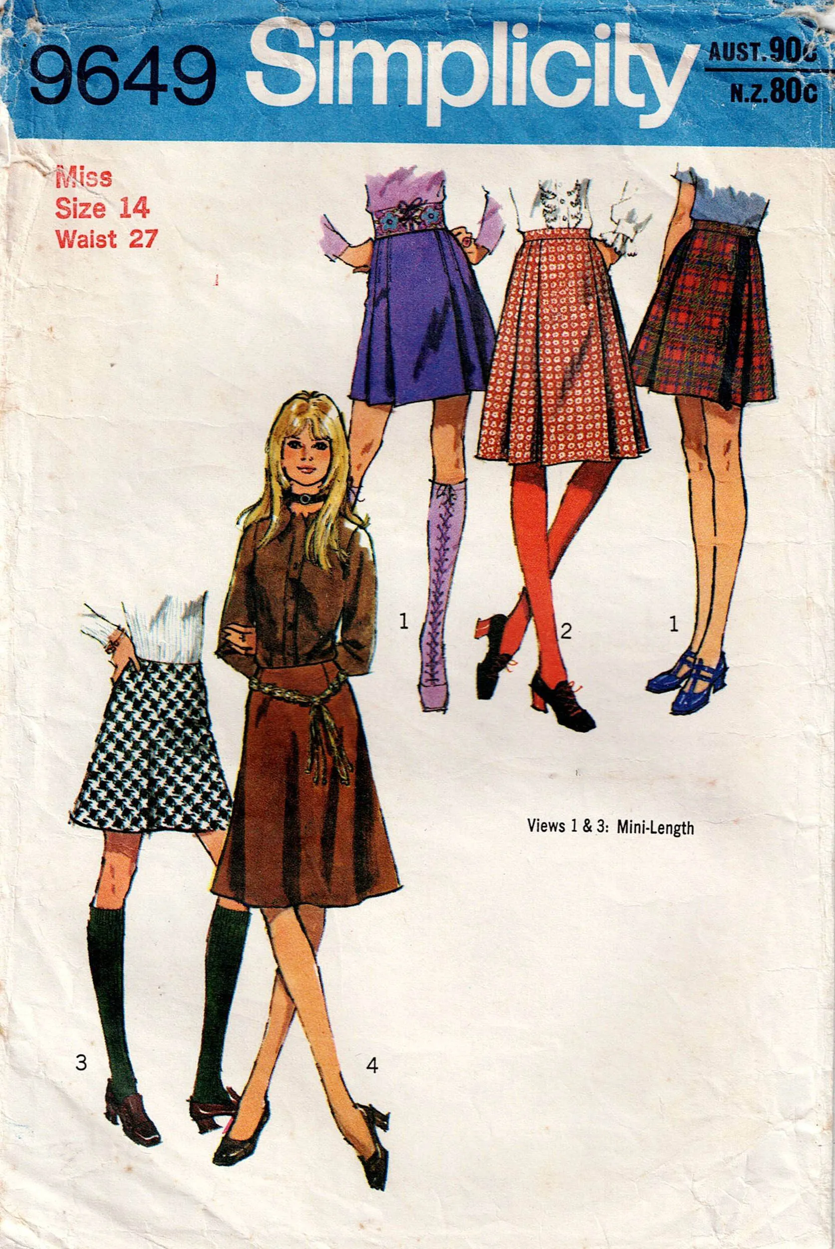 Simplicity 9649 Womens A Line Midi or Mini Skirts 1970s Vintage Sewing Pattern Waist 27 inches