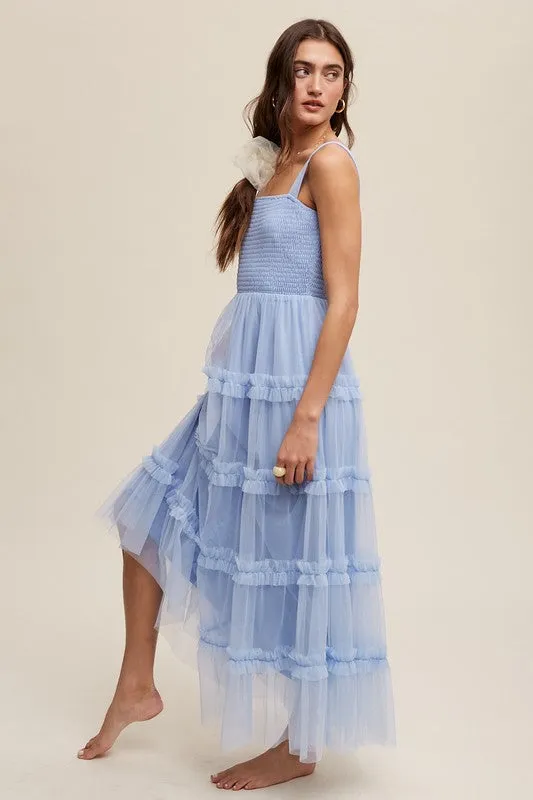 Slate Blue Frilly Ruffle Tiered Mesh Maxi Dress