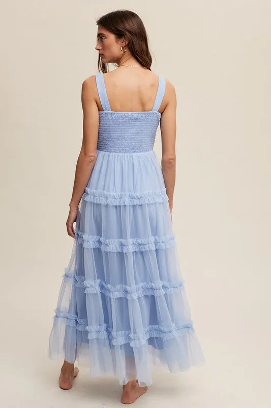 Slate Blue Frilly Ruffle Tiered Mesh Maxi Dress