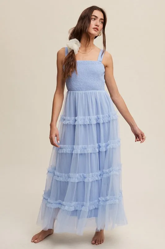 Slate Blue Frilly Ruffle Tiered Mesh Maxi Dress