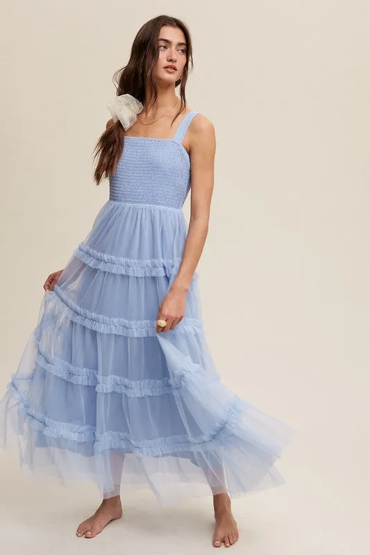 Slate Blue Frilly Ruffle Tiered Mesh Maxi Dress