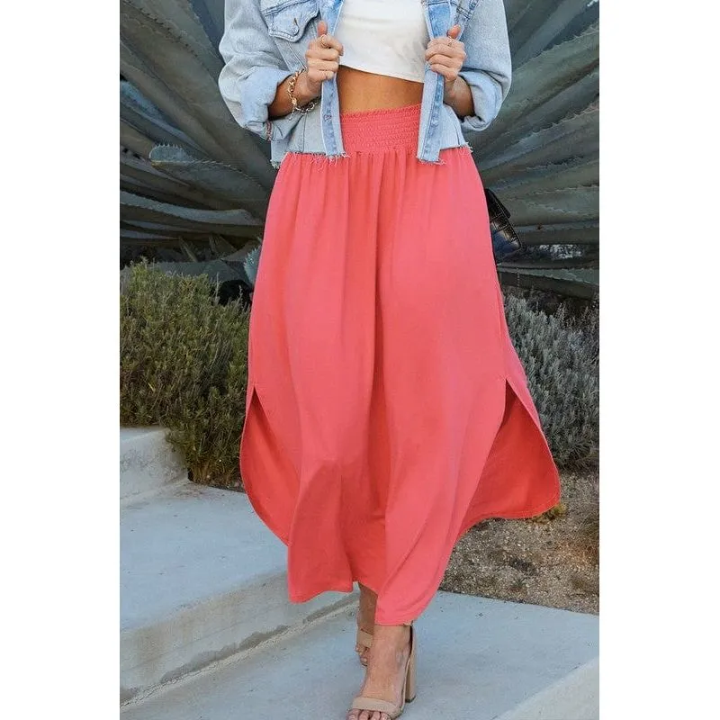 Smocking waist maxi skirt with side pocket