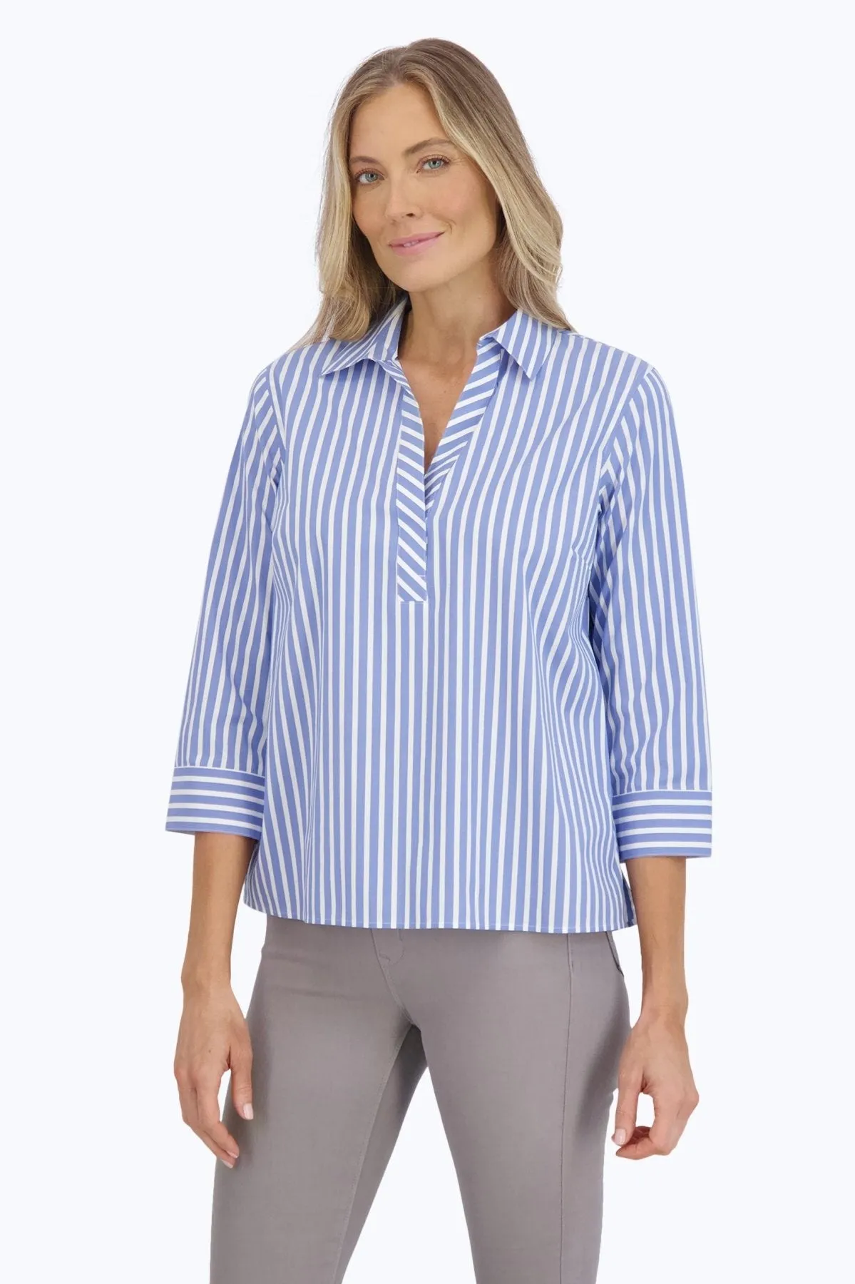 Sophia Stretch No Iron Stripe Popover Shirt