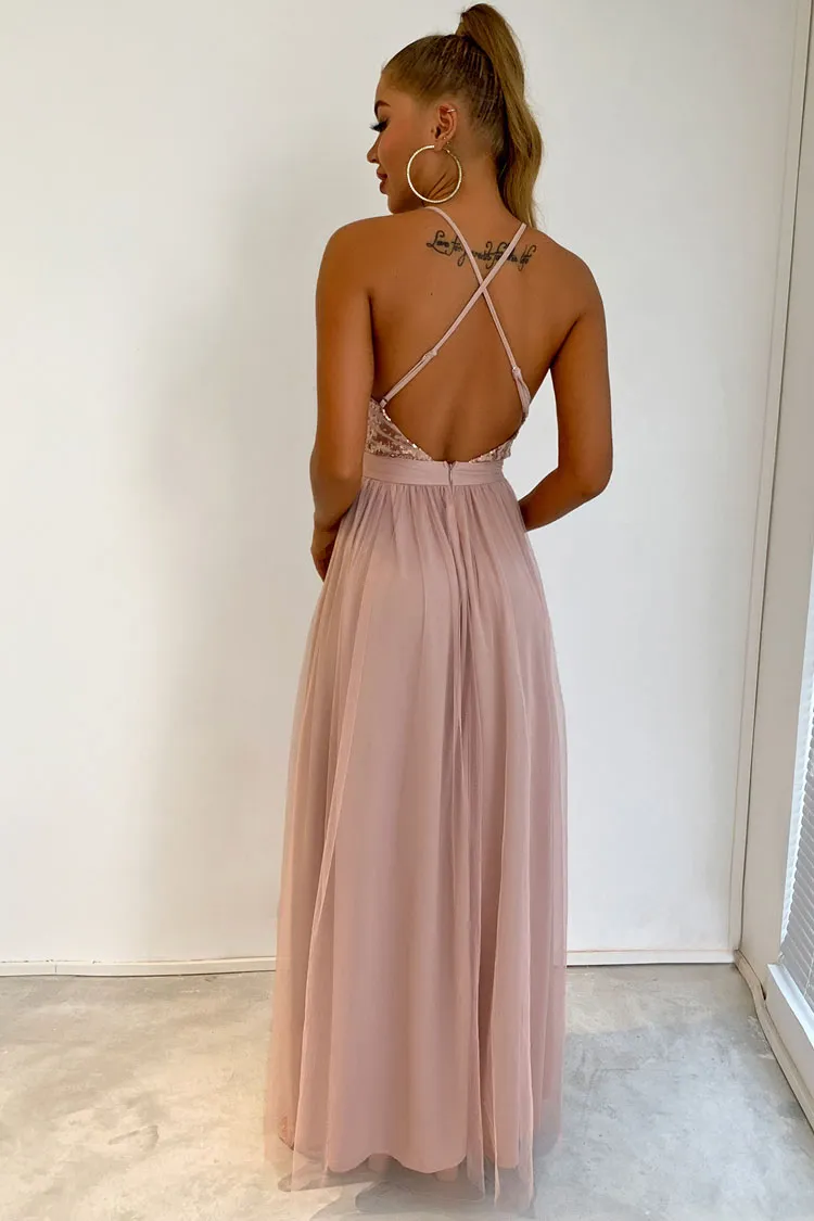 Sparkly Sequined Deep V High Split Backless Evening Maxi Dress - Champange