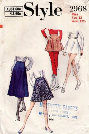 Style 2968 Womens Bias Cut Skirts or Tennis Skirt in 3 Lengths 1970s Vintage Sewing Pattern Size 12 Waist 25.5 Inches