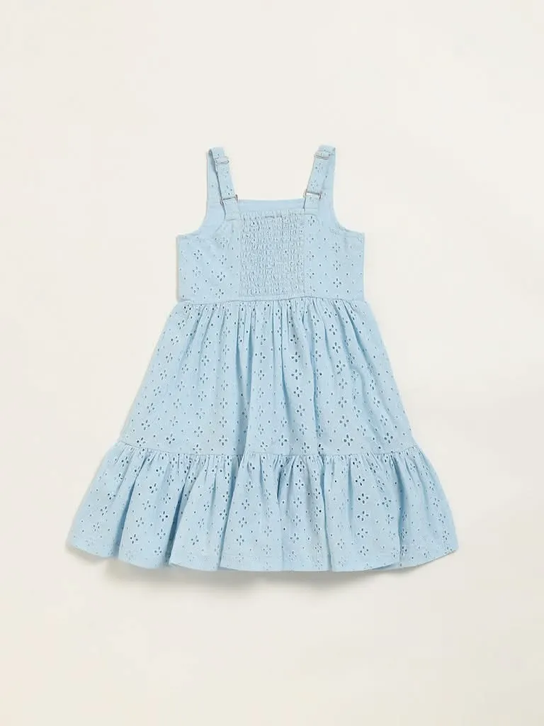 Utsa Kids Blue Schiffli Tiered Dress (2 - 8yrs)