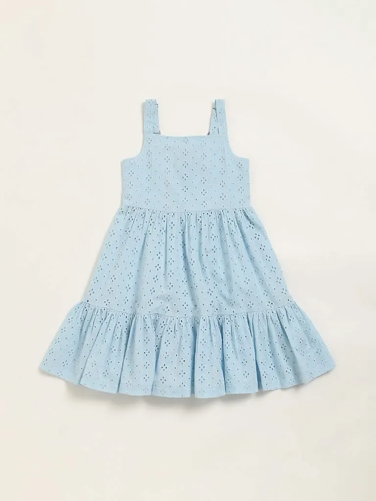 Utsa Kids Blue Schiffli Tiered Dress (2 - 8yrs)