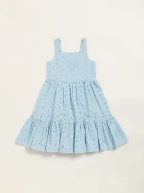 Utsa Kids Blue Schiffli Tiered Dress (2 - 8yrs)