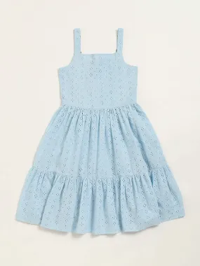 Utsa Kids Blue Schiffli Tiered Dress (8 -14yrs)