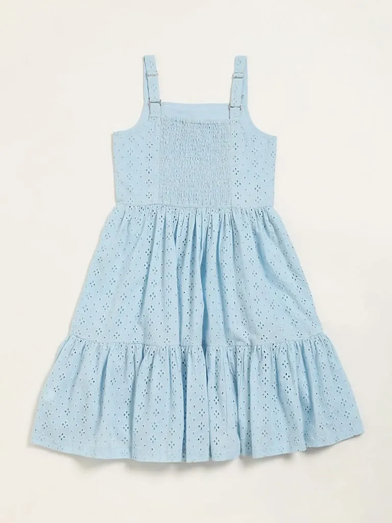 Utsa Kids Blue Schiffli Tiered Dress (8 -14yrs)