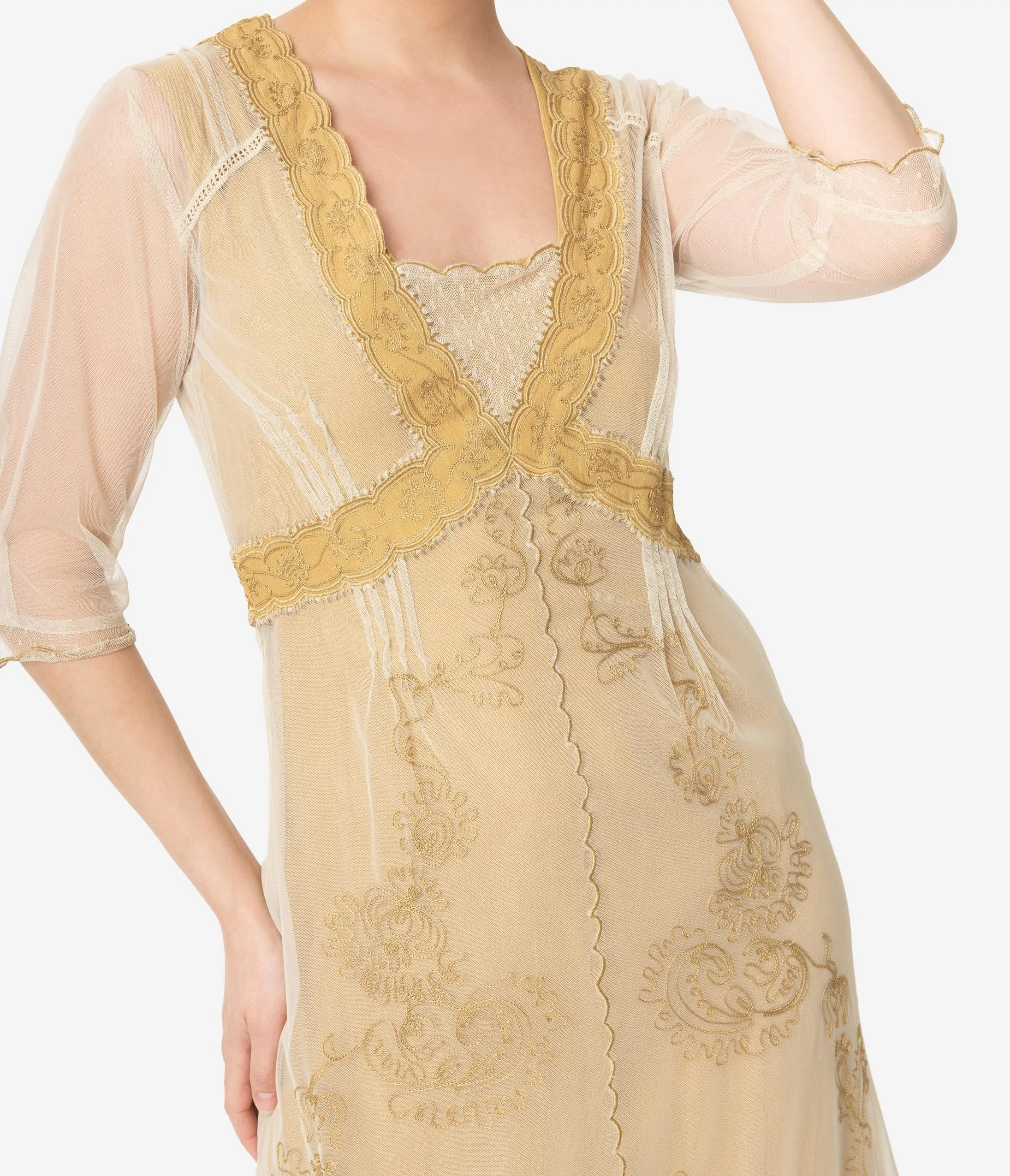 Vintage Style Antique Ivory Mesh Embroidered Edwardian Dress