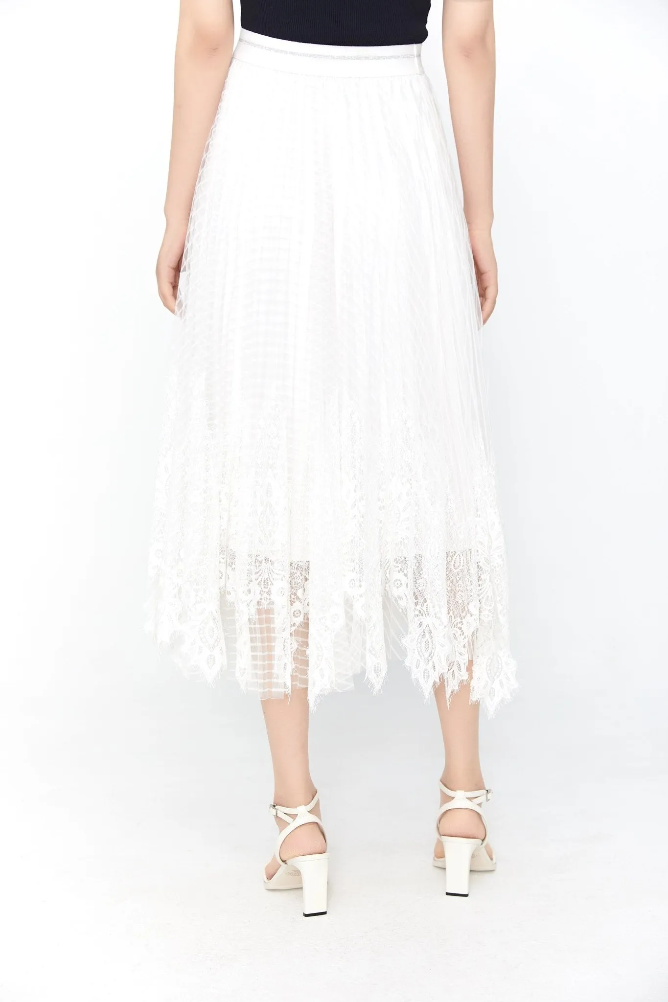 White Waistband Lace Midi Skirt