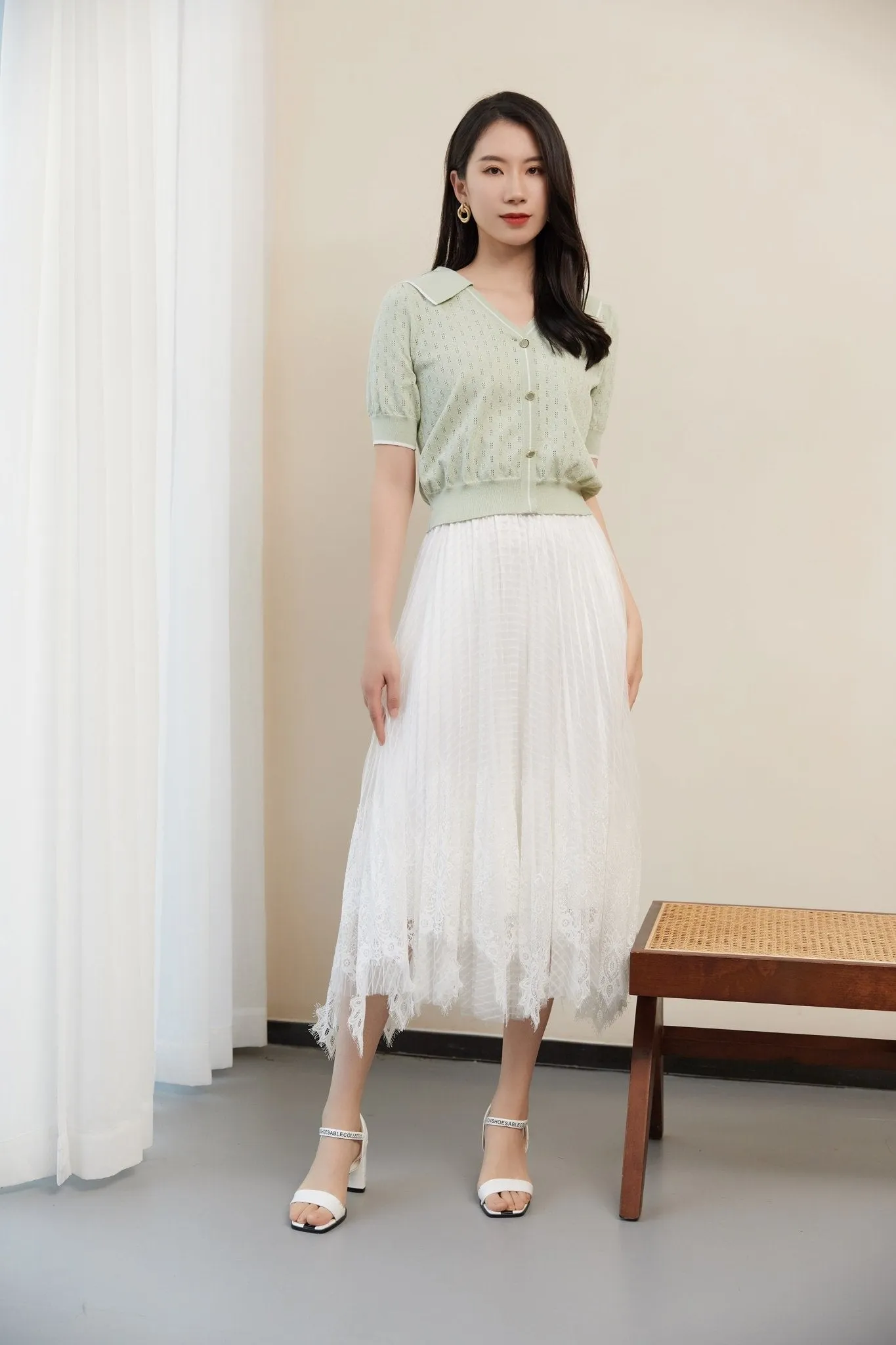 White Waistband Lace Midi Skirt