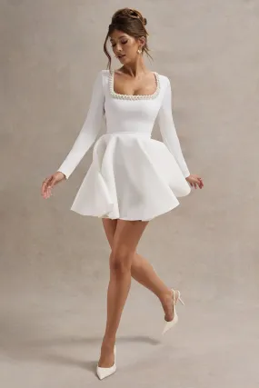 Wilder | White Square-Neck Long-Sleeve Skater Mini Dress