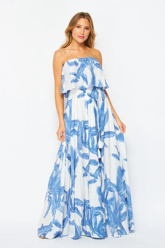 Women's Strapless Palm Printed Layered Maxi Dress - BLUE