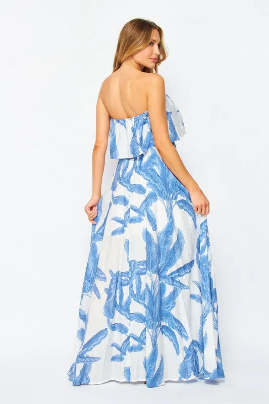 Women's Strapless Palm Printed Layered Maxi Dress - BLUE