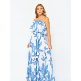 Women's Strapless Palm Printed Layered Maxi Dress - BLUE