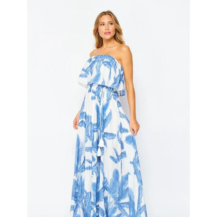 Women's Strapless Palm Printed Layered Maxi Dress - BLUE