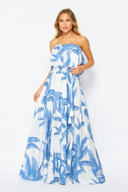 Women's Strapless Palm Printed Layered Maxi Dress - BLUE