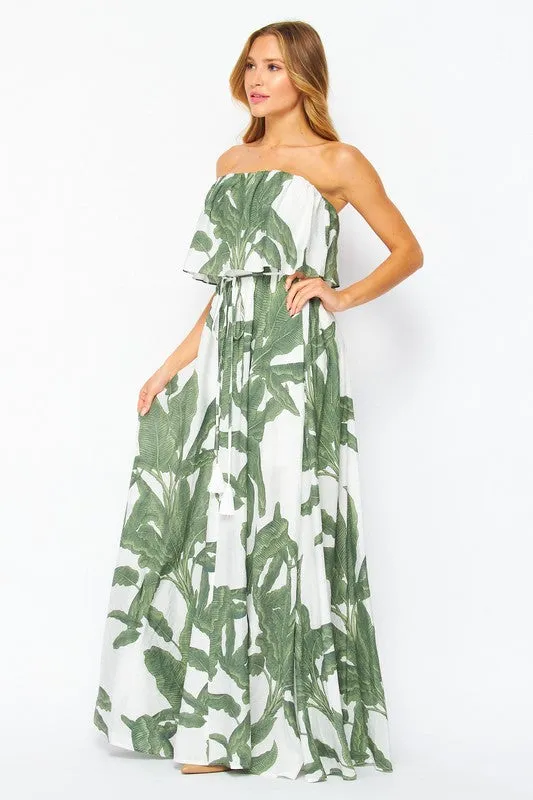 Women's Strapless Palm Printed Layered Maxi Dress - GREEN