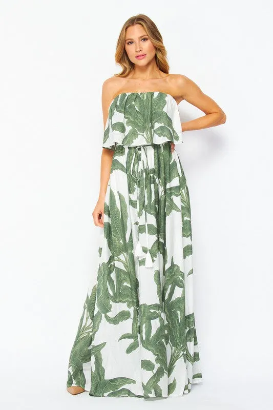 Women's Strapless Palm Printed Layered Maxi Dress - GREEN