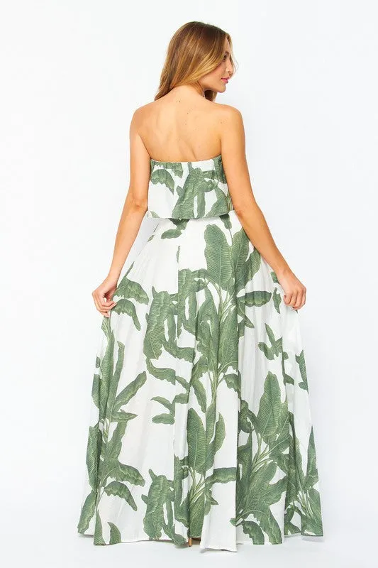 Women's Strapless Palm Printed Layered Maxi Dress - GREEN