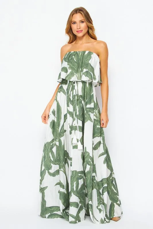 Women's Strapless Palm Printed Layered Maxi Dress - GREEN