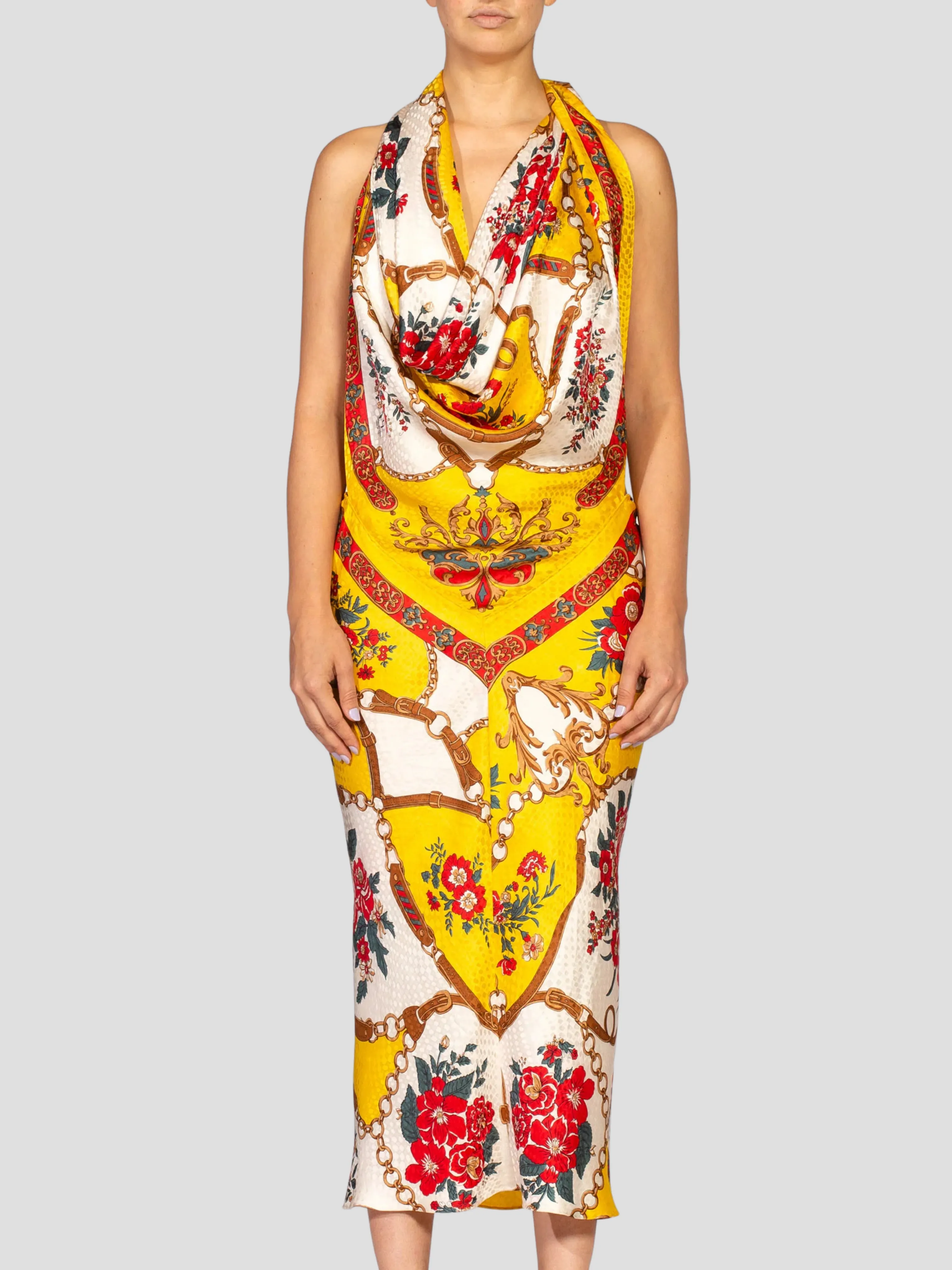 Yellow & Red Bias Cut Silk Jacquard Sagittarius Multi-Way Scarf Dress