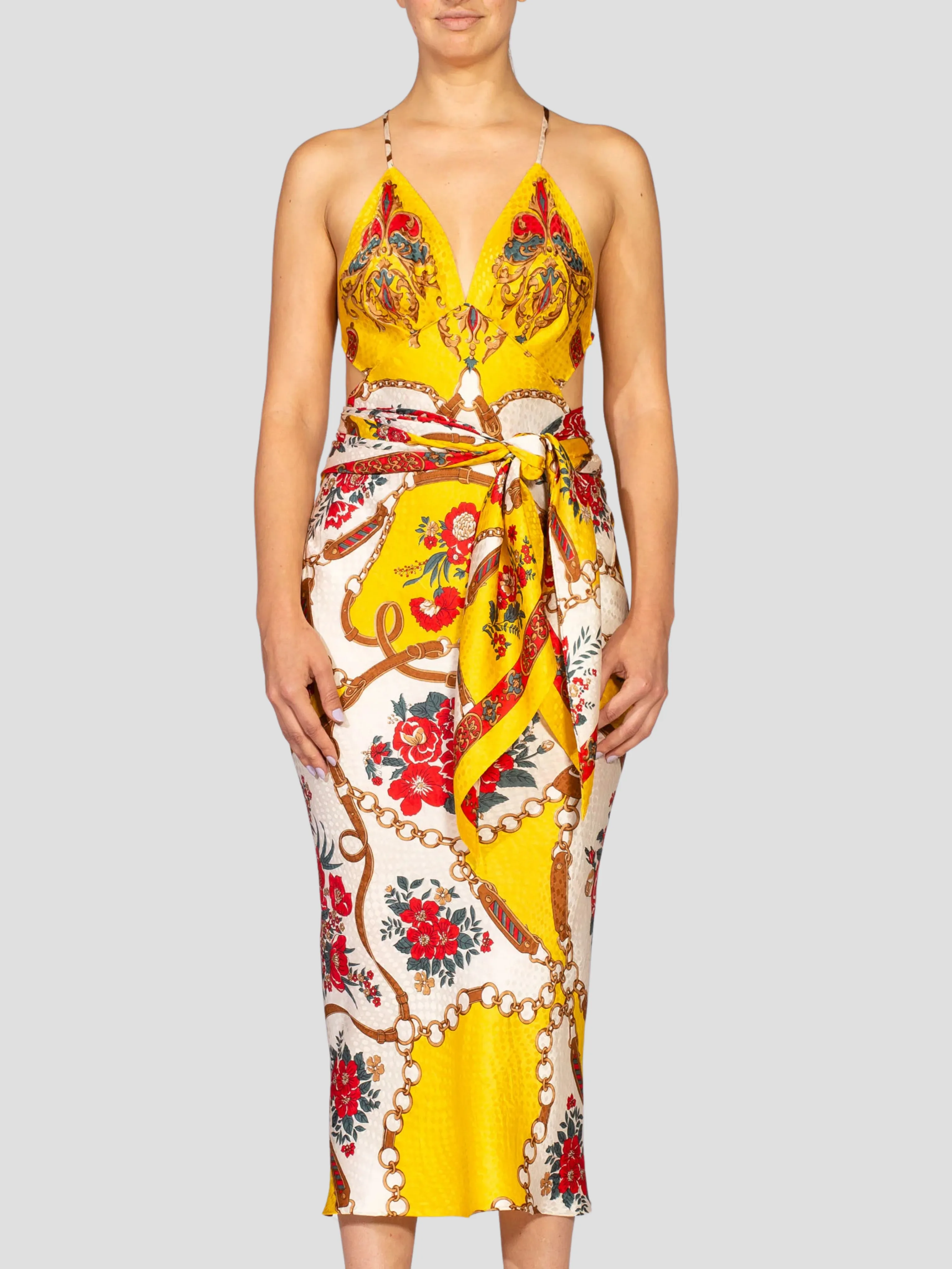 Yellow & Red Bias Cut Silk Jacquard Sagittarius Multi-Way Scarf Dress