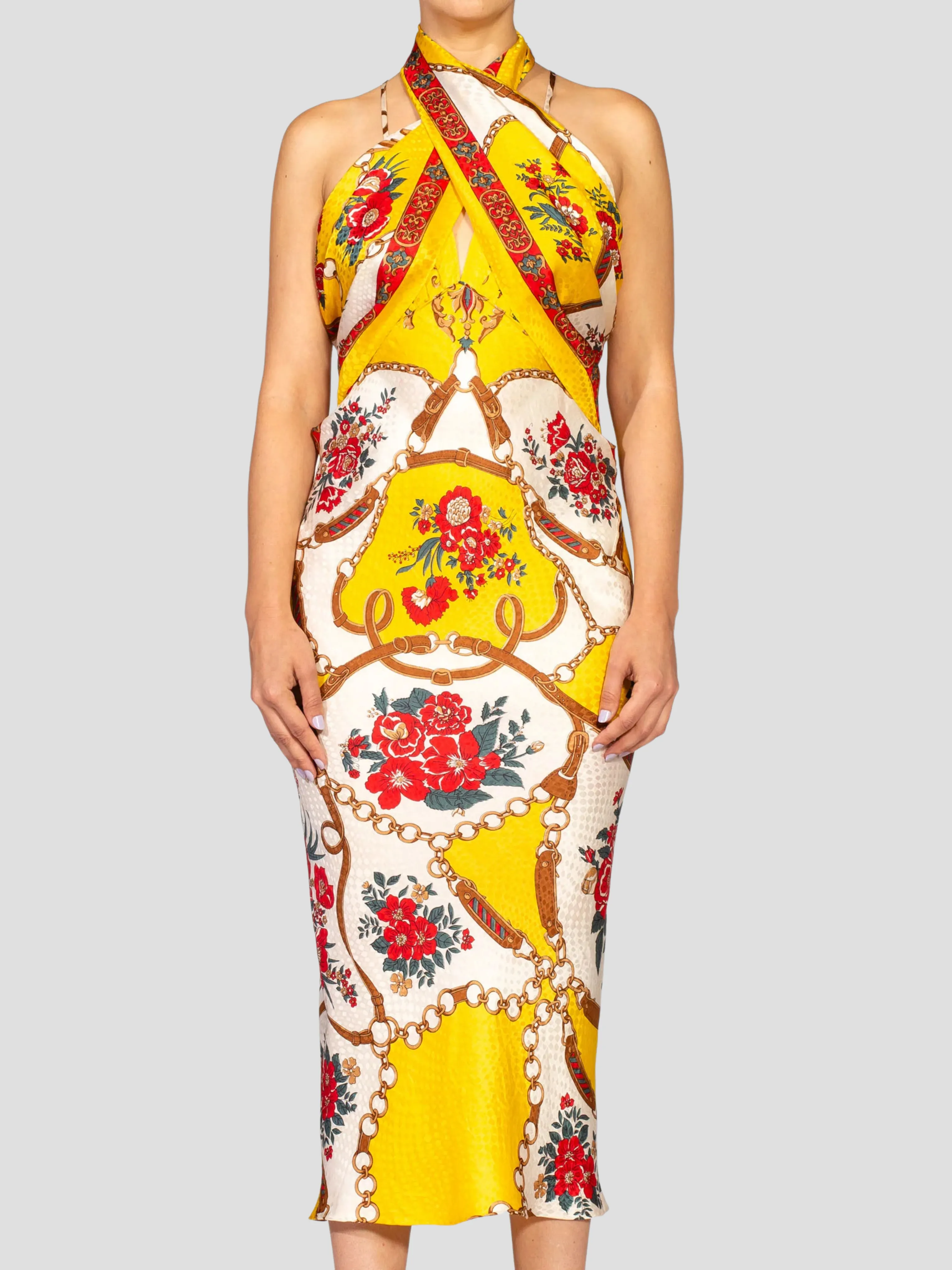 Yellow & Red Bias Cut Silk Jacquard Sagittarius Multi-Way Scarf Dress